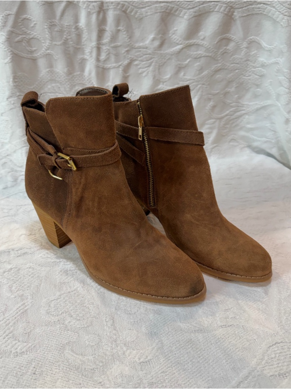 Ralph Lauren Tan Suede Ankle Booties with Buckle Strap